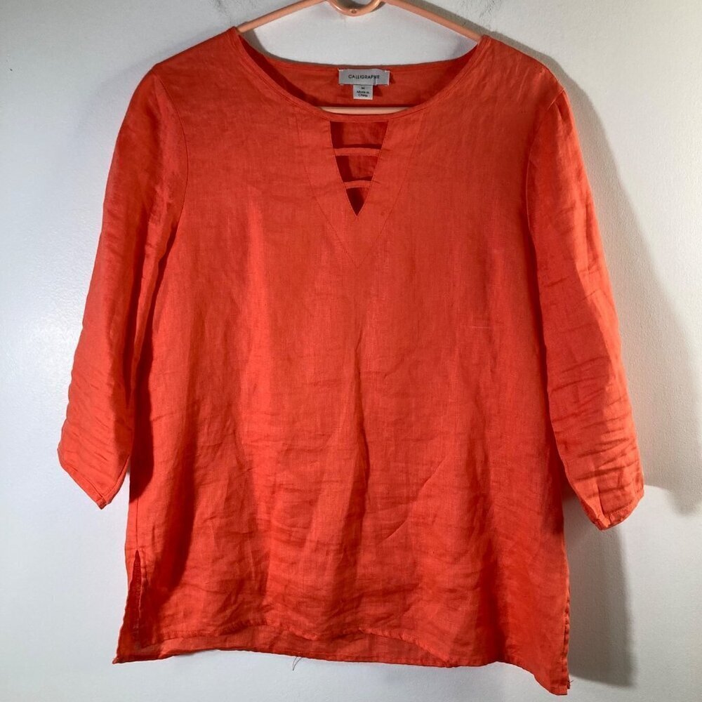 Womens Calligraphie Linen Tunic 3/4 Sleeve Cut Outs Orange‎ M
